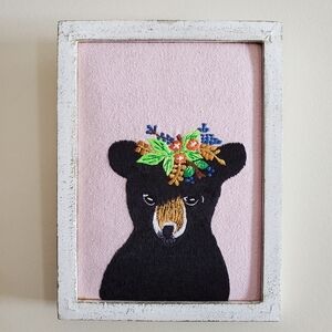 Abbott Handmade Needlepoint Black Bear With Flower Crown Pink White Frame